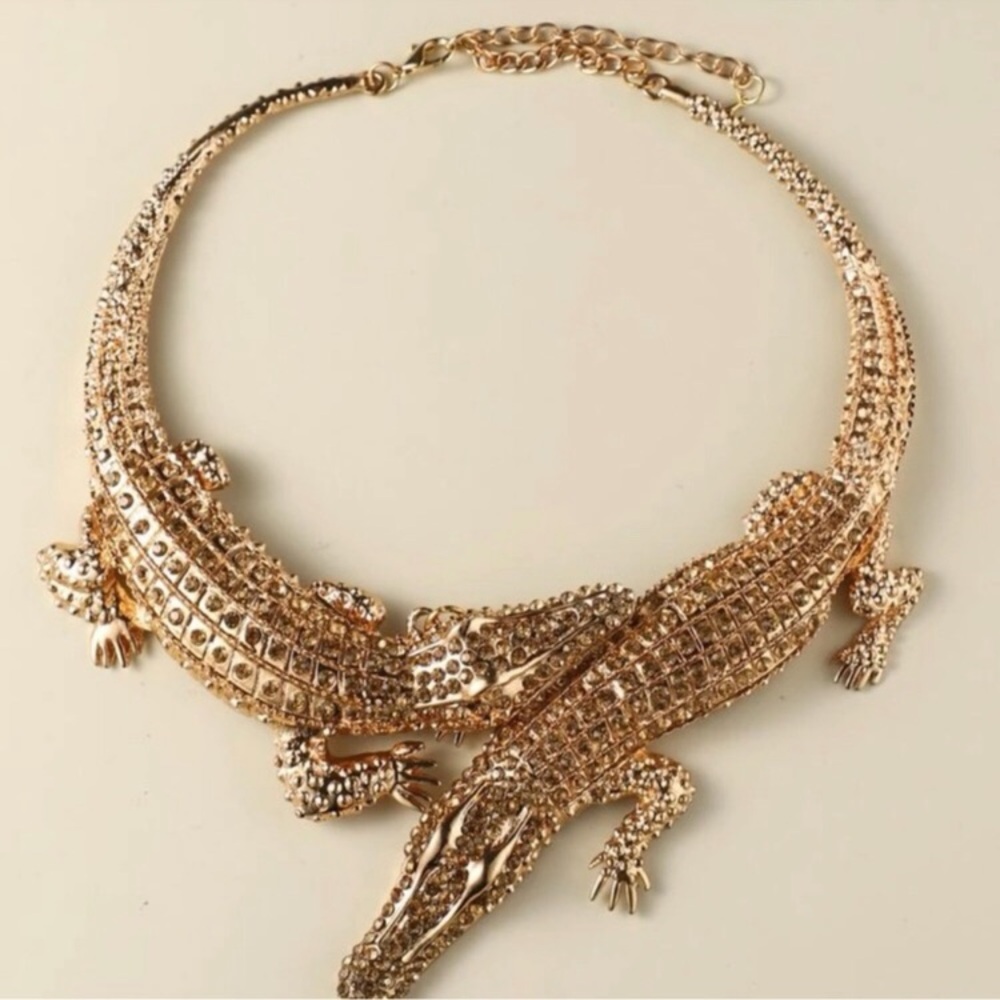Alligator Choker Rhinestone Necklace Gold Gator Crocodile Statement Reptile NEW